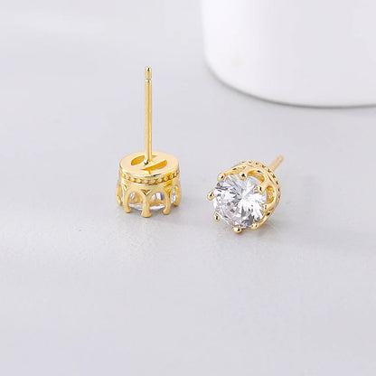 1 Karat Crown-Shaped Zircon Stud Earrings - Gold Plated