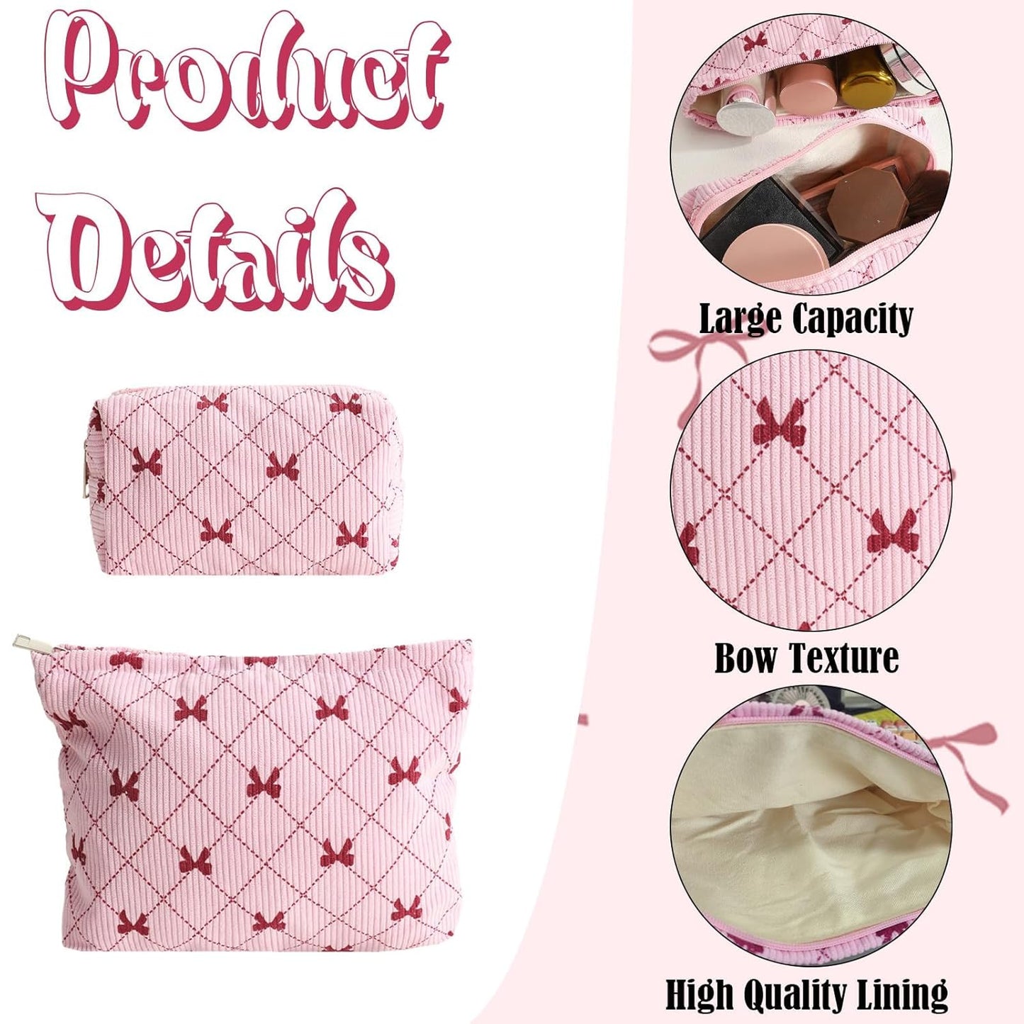 2PCS Cute Corduroy Makeup Bag Set for Women, Small Travel Toiletry Bag, Coquette Cosmetic Pouch with Bow, Portable Versatile Zipper Pouch - Pink