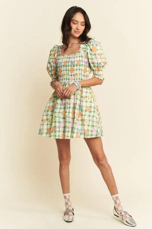 Davi & Dani Fruits Printed Smocking Mini Dress-4