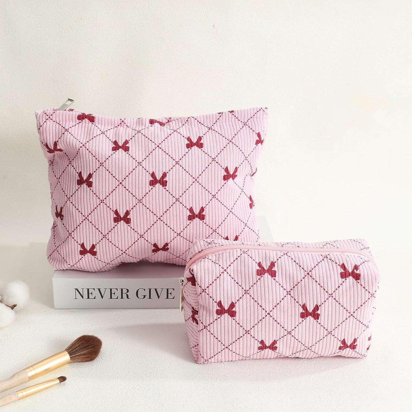 2PCS Cute Corduroy Makeup Bag Set for Women, Small Travel Toiletry Bag, Coquette Cosmetic Pouch with Bow, Portable Versatile Zipper Pouch - Pink