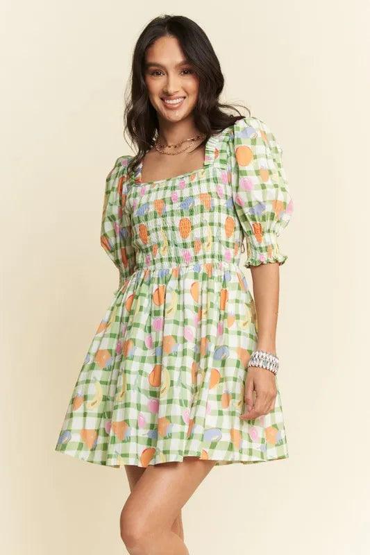 Davi & Dani Fruits Printed Smocking Mini Dress-1