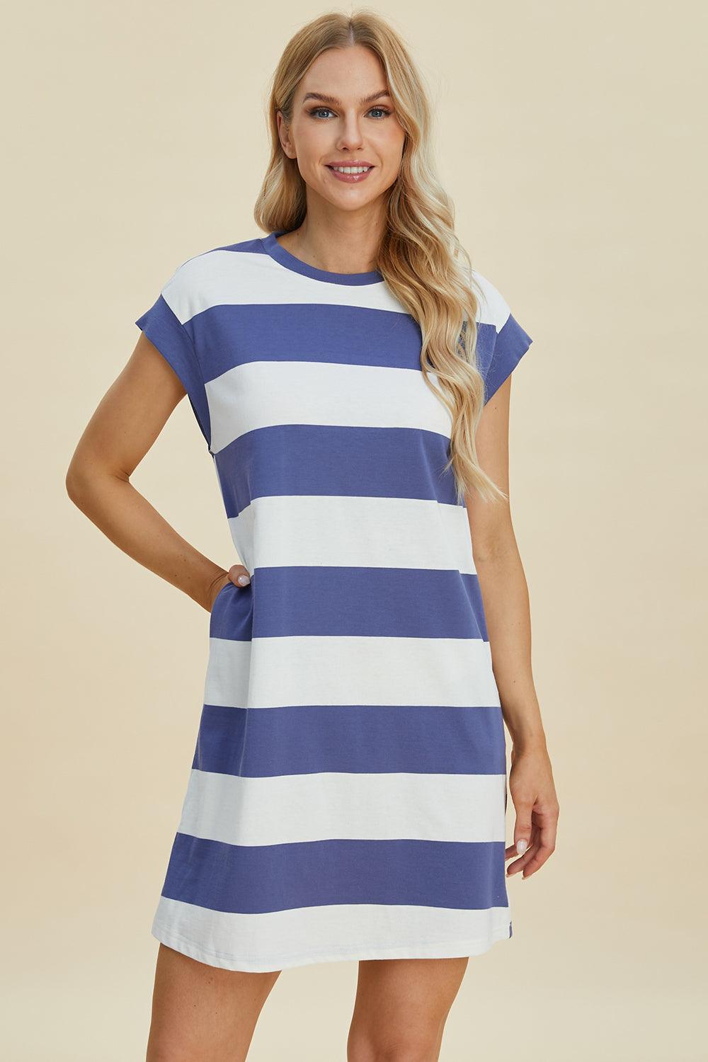 Basic Bae Full Size Striped Round Neck Cap Sleeve Mini Dress-5