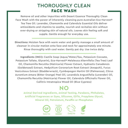 Thoroughly Clean Face Wash with Tea Tree Oil, Castile Soap and Coconut Oil - Organic Facial Cleanser for Sensitive and Oily Skin, Vegan & Cruelty-Free, 32 Fl Oz