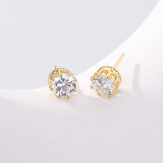 1 Karat Crown-Shaped Zircon Stud Earrings - Gold Plated