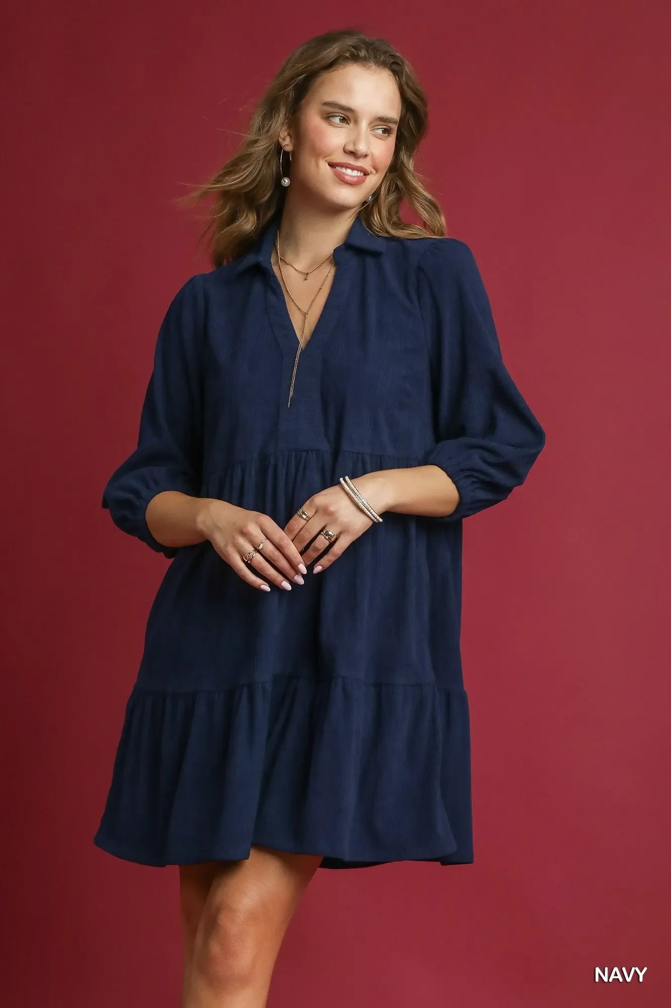 Umgee Tiered Corduroy Mini Dress with Balloon Sleeves-0