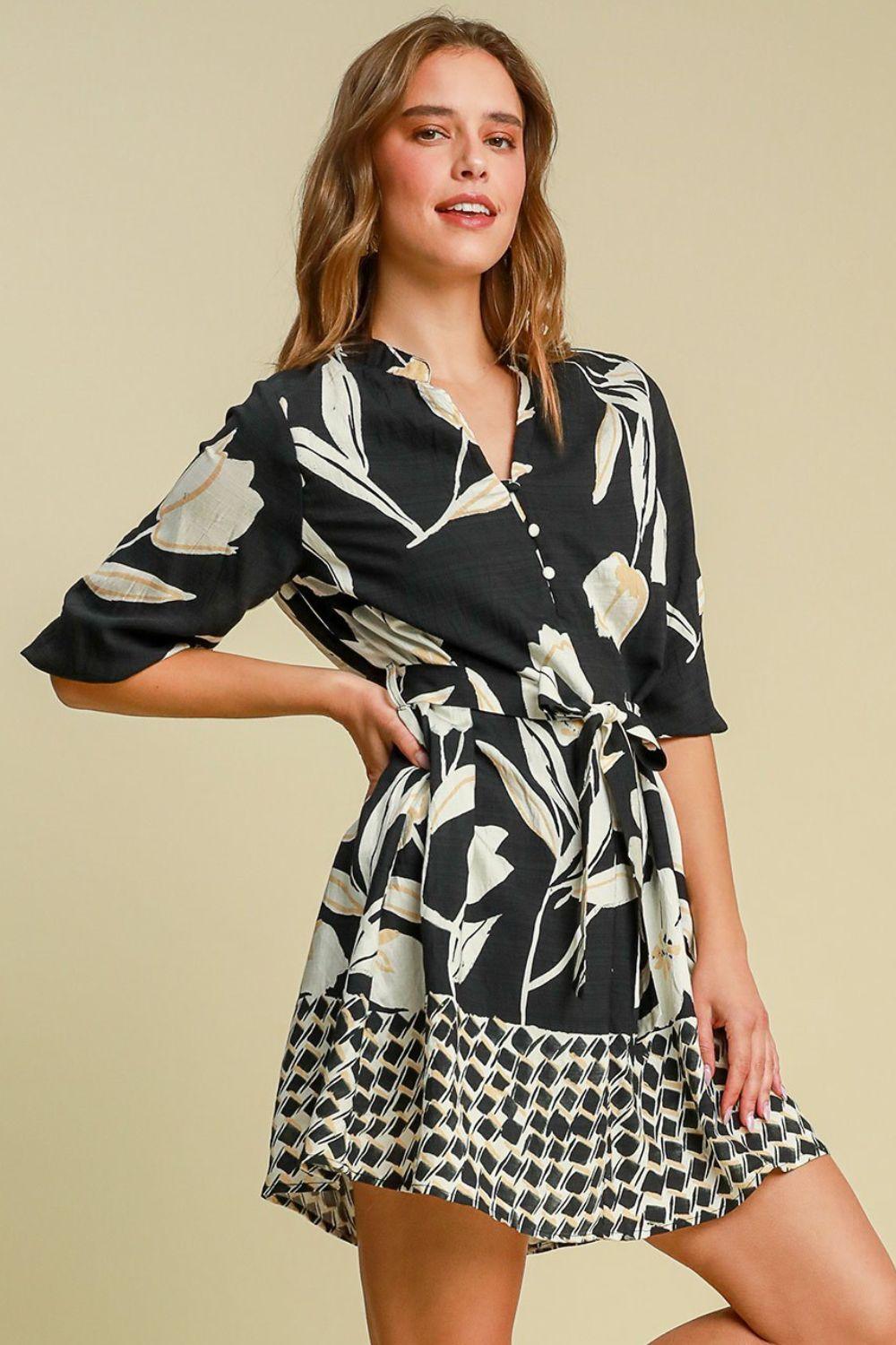 Umgee Full Size Floral Print Notched Tie Waist Mini Dress Plus Size-2