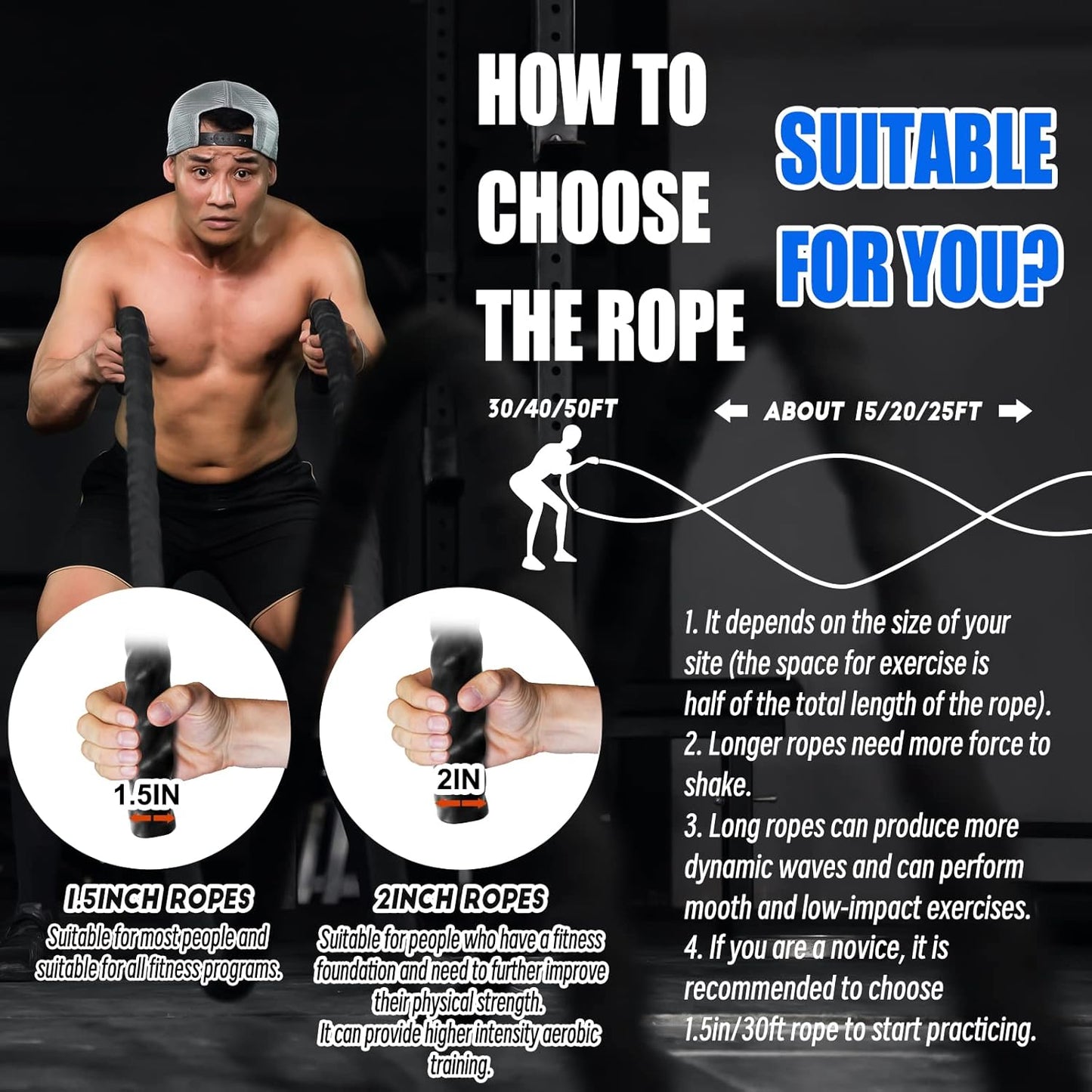 Battle Rope with Wear-Resistant Nylon Protective Sleeve - Heavy Battle Rope for Strength Training, Home Fitness Exercise - Anchor Strap Kit Included