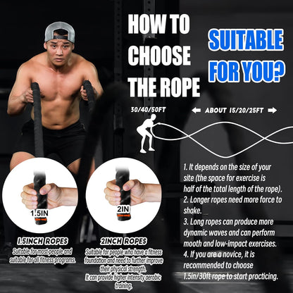 Battle Rope with Wear-Resistant Nylon Protective Sleeve - Heavy Battle Rope for Strength Training, Home Fitness Exercise - Anchor Strap Kit Included