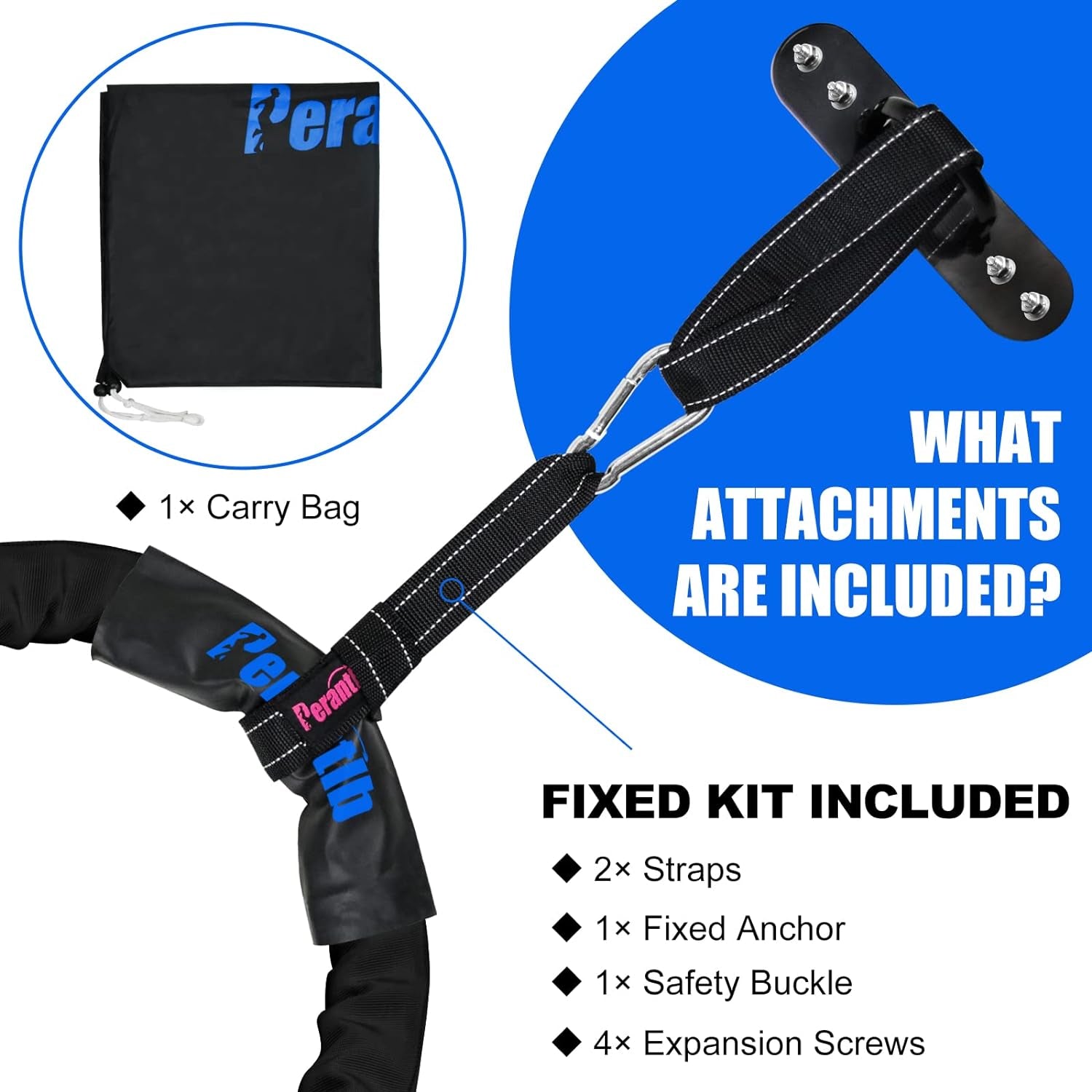 Battle Rope with Wear-Resistant Nylon Protective Sleeve - Heavy Battle Rope for Strength Training, Home Fitness Exercise - Anchor Strap Kit Included