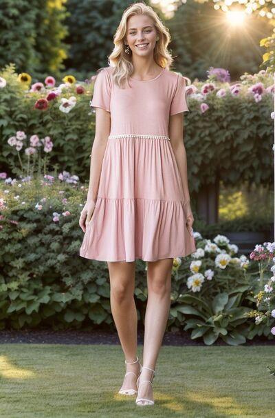 Heimish Full Size Solid Mini Tiered Dress with Pompom Lace Plus Size-0