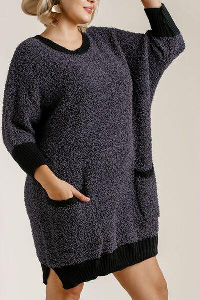 Umgee Full Size Ribbed Hem Round Neck 3/4 Sleeve Sweater Dress with Pockets Plus Size-4