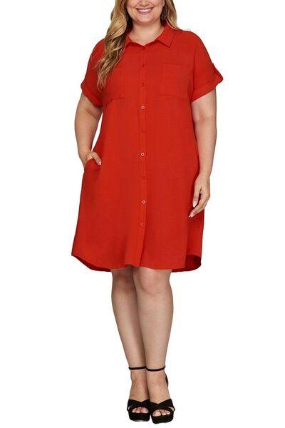 She + Sky Full Size Button Down Short Sleeve Woven Shirt Dress Plus Size-1
