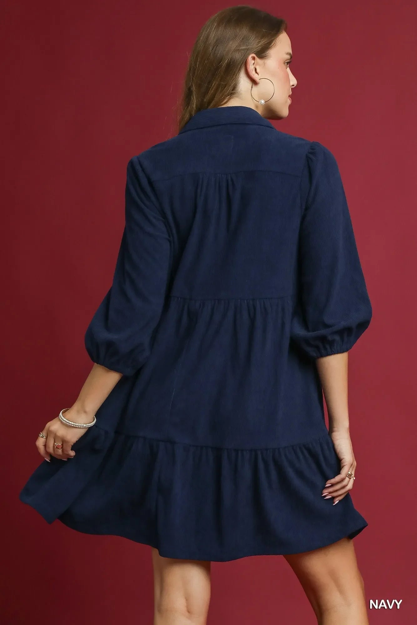 Umgee Tiered Corduroy Mini Dress with Balloon Sleeves-3