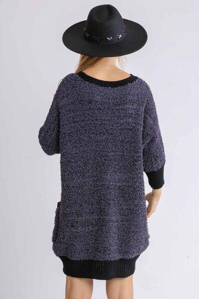 Umgee Full Size Ribbed Hem Round Neck 3/4 Sleeve Sweater Dress with Pockets Plus Size-2