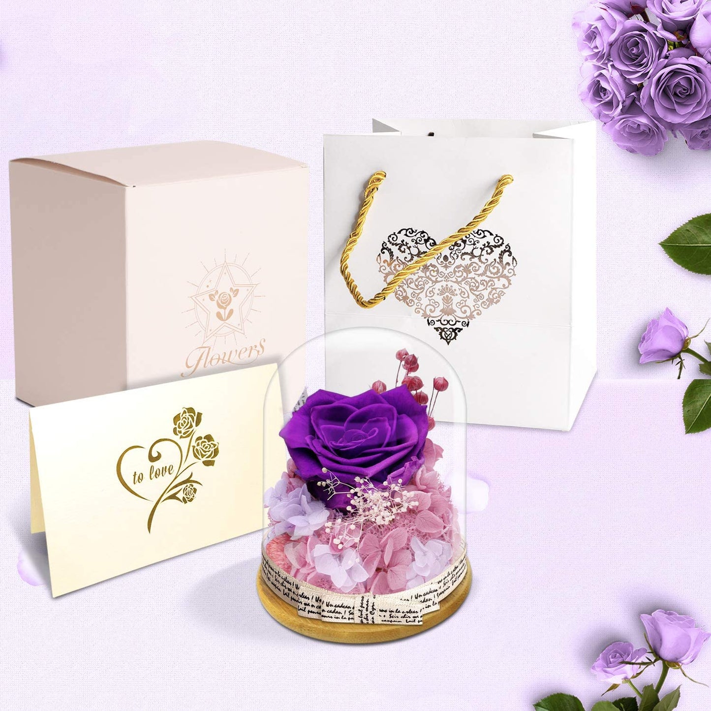 Handmade Delivery Gift Preserved Rose in Glass Dome - Artificial Flowers Creative Gifts for Friend or Women and Family on Valentine'S Day,Chrismas,Birthday,Relationship Gifts for They.(Voilet)