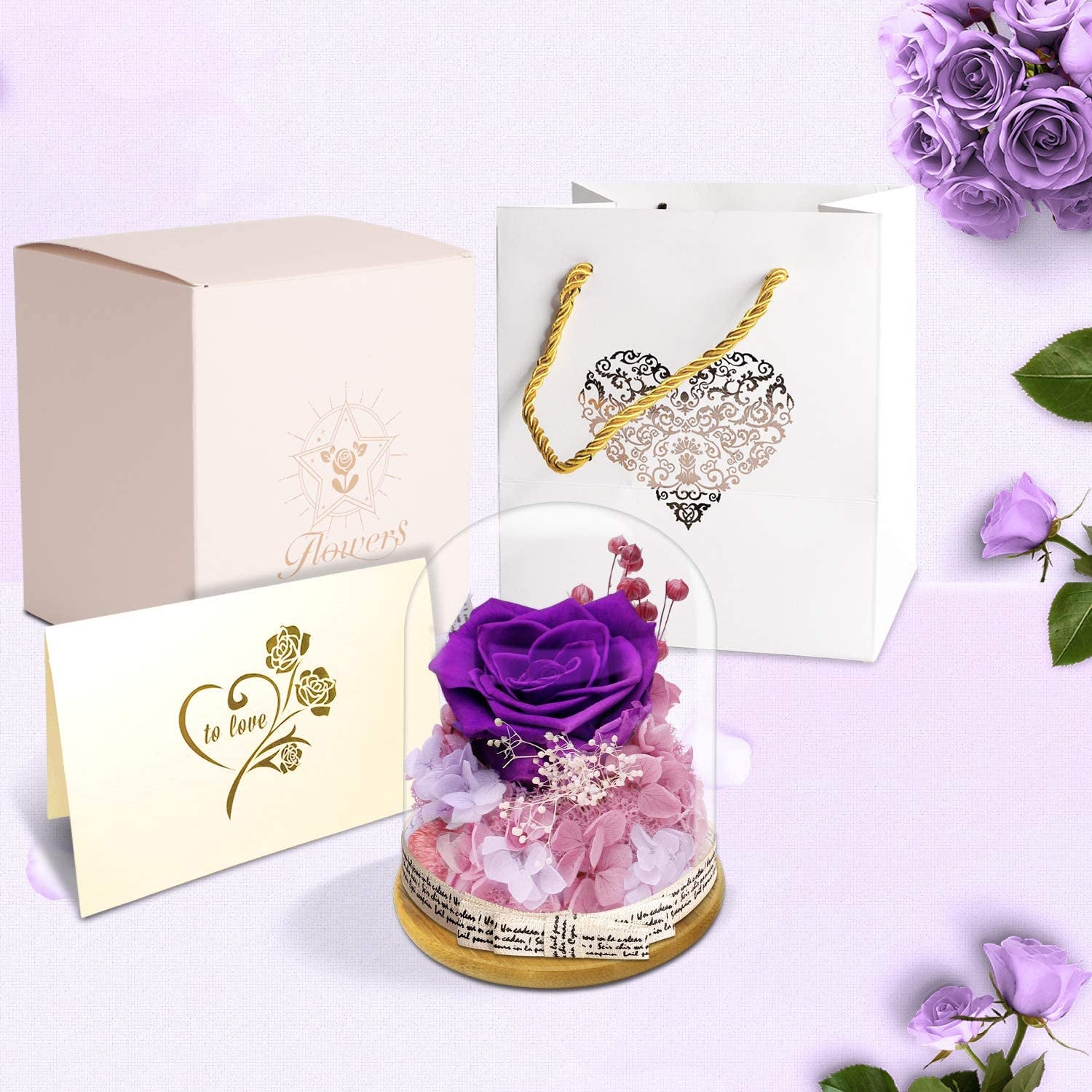 Handmade Delivery Gift Preserved Rose in Glass Dome - Artificial Flowers Creative Gifts for Friend or Women and Family on Valentine'S Day,Chrismas,Birthday,Relationship Gifts for They.(Voilet)