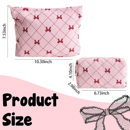 2PCS Cute Corduroy Makeup Bag Set for Women, Small Travel Toiletry Bag, Coquette Cosmetic Pouch with Bow, Portable Versatile Zipper Pouch - Pink