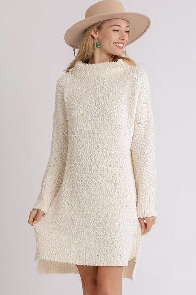 Umgee Full Size High Low Long Sleeve Boucle Sweater Dress Plus Size-0