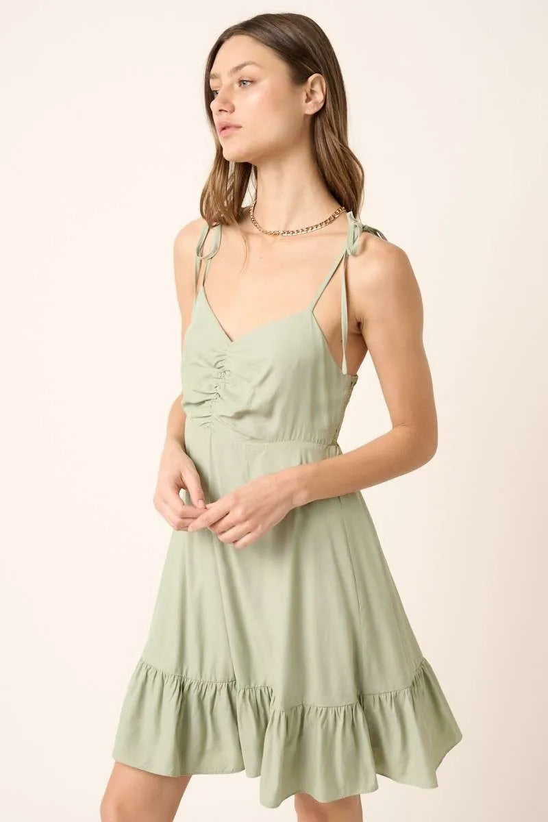 Mittoshop Ruched Detail Spaghetti Tie Mini Dress-1