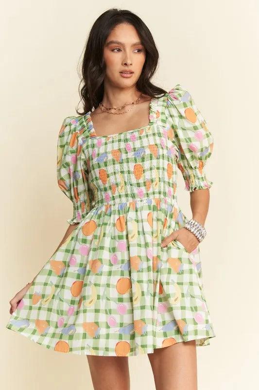 Davi & Dani Fruits Printed Smocking Mini Dress-0
