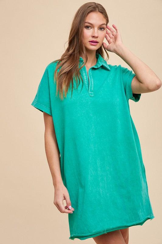 Annie Wear Mineral Washed Johnny Collar Short Sleeve Dress-0