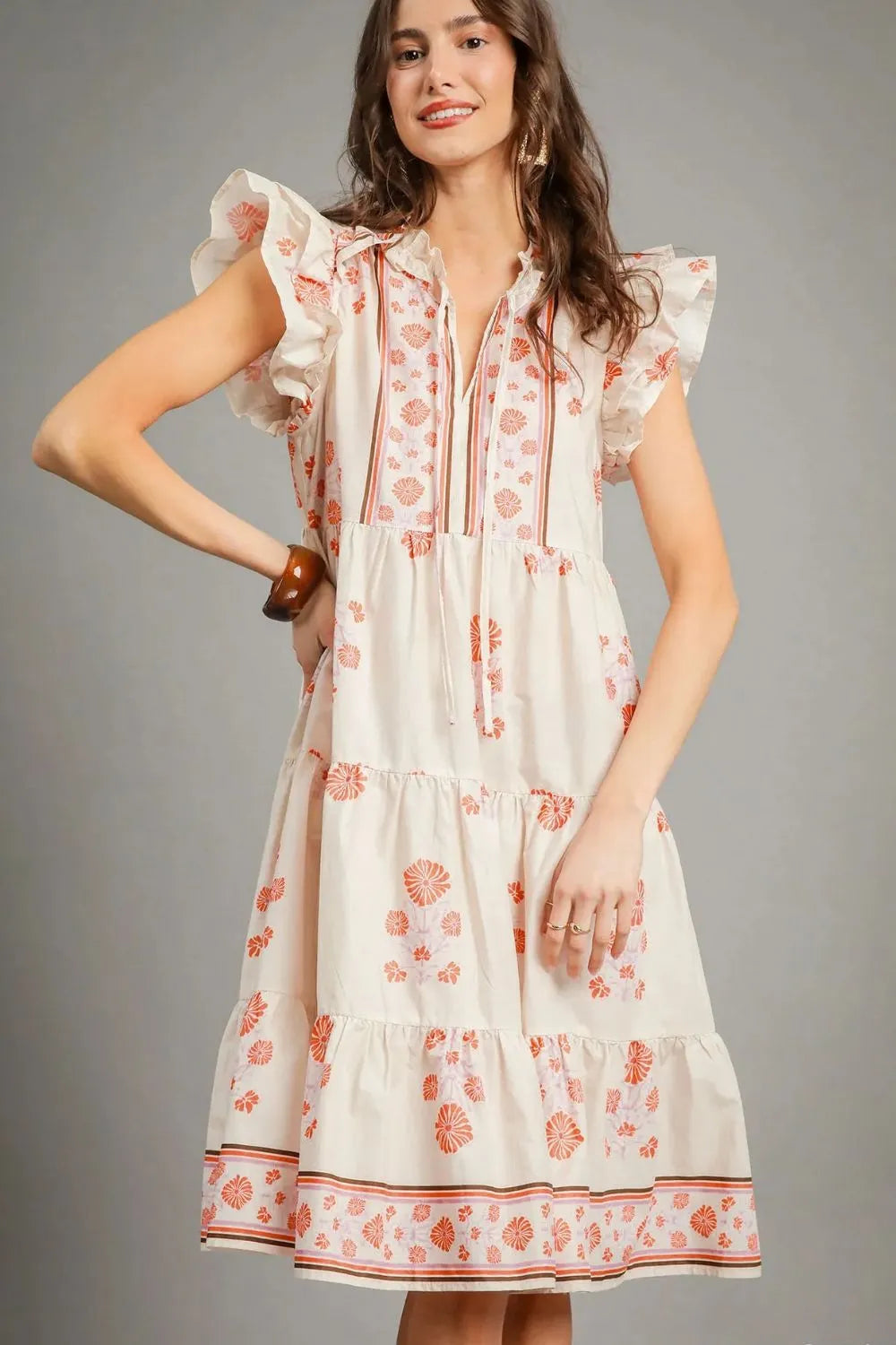 Umgee Printed Tie Neck Ruffle Cap Sleeve Dress-1