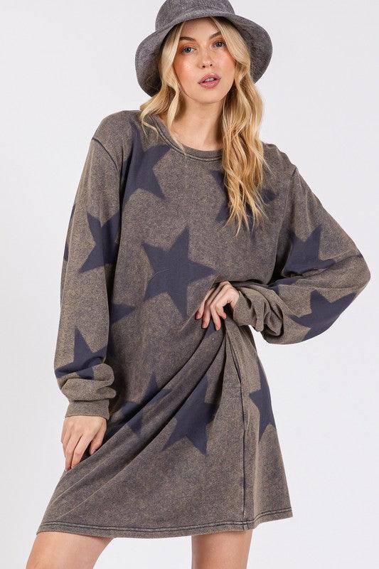 SAGE + FIG Washed Star Print Round Neck Dress-3