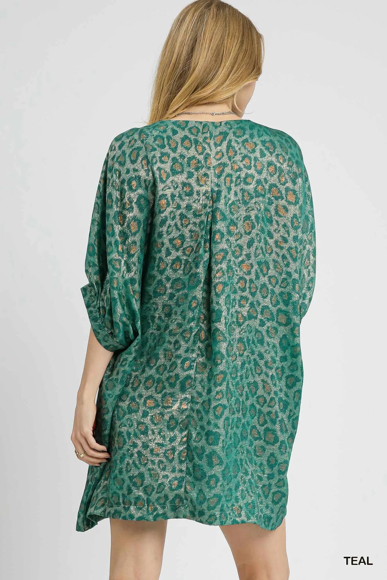 Umgee Metallic Leopard Print V-Neck Kimono Dress-2