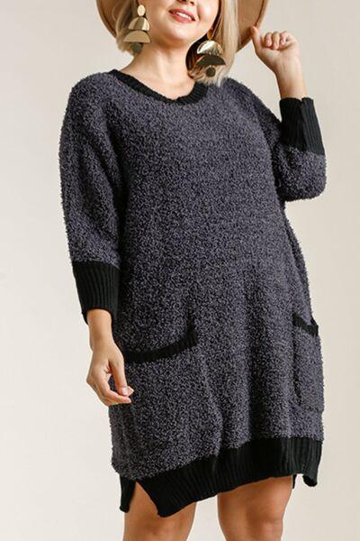Umgee Full Size Ribbed Hem Round Neck 3/4 Sleeve Sweater Dress with Pockets Plus Size-3