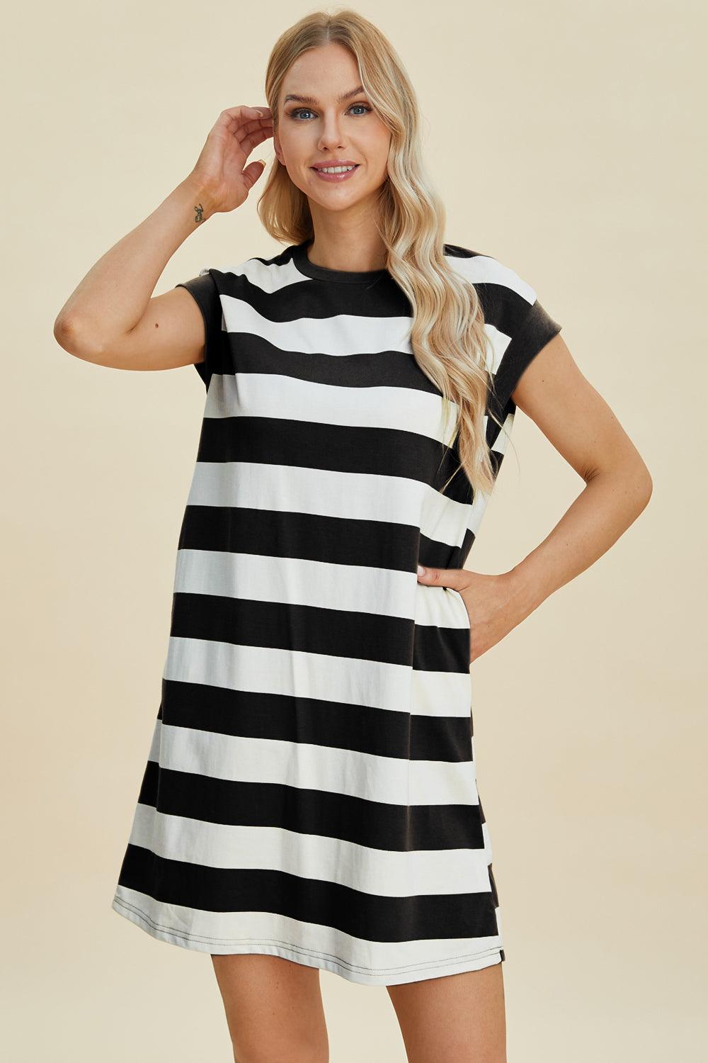 Basic Bae Full Size Striped Round Neck Cap Sleeve Mini Dress-6
