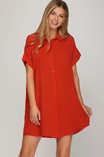 She + Sky Full Size Button Down Short Sleeve Woven Shirt Dress Plus Size-0