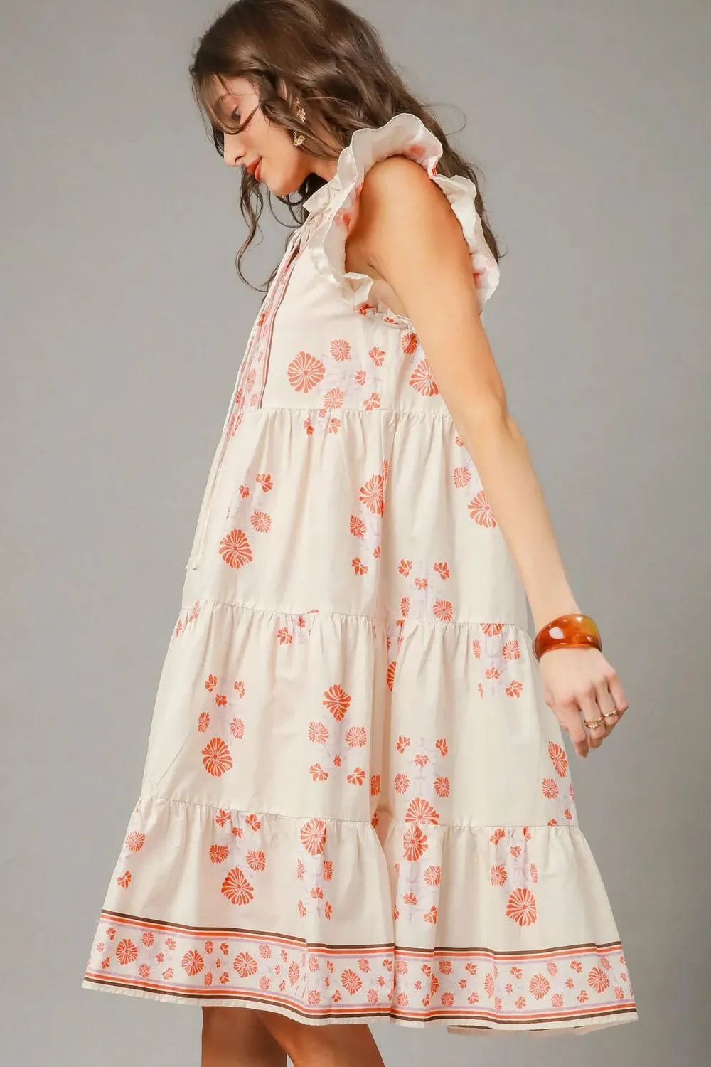 Umgee Printed Tie Neck Ruffle Cap Sleeve Dress-2