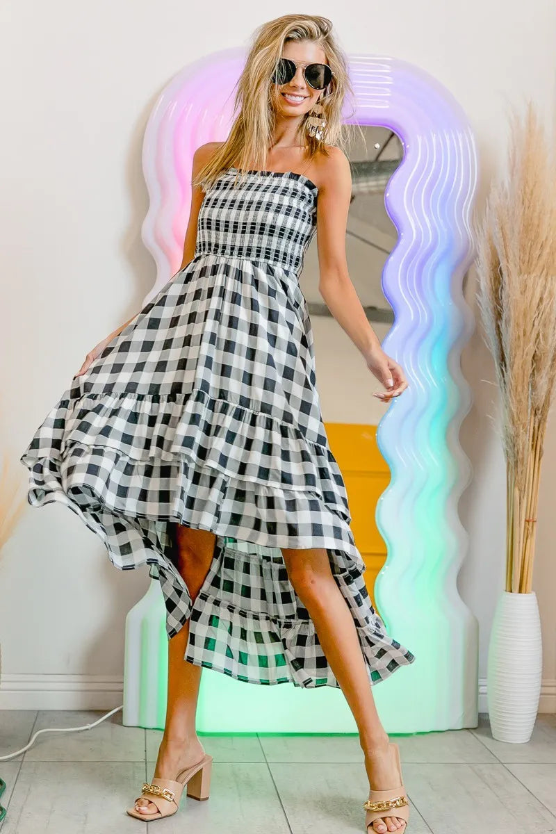 BiBi Smocked Body Off Shoulder Check Dress-3