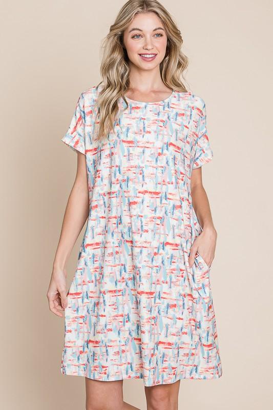 BOMBOM Printed Round Neck Short Sleeve Tee Dress-1