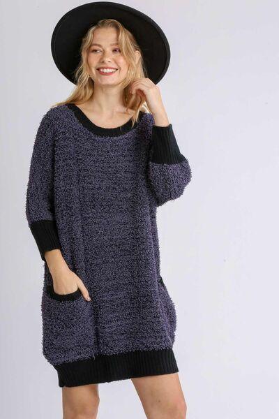 Umgee Full Size Ribbed Hem Round Neck 3/4 Sleeve Sweater Dress with Pockets Plus Size-0