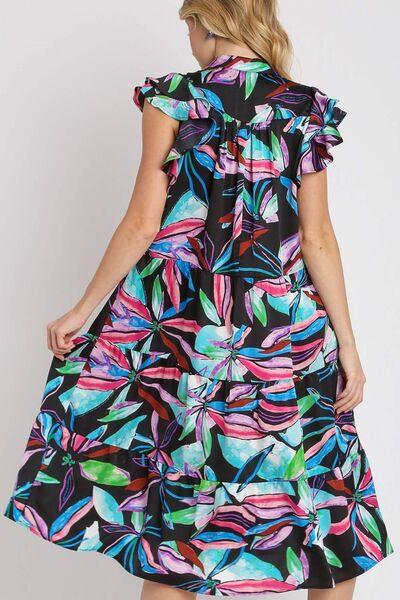 Umgee Full Size Leaf Print Double Layered Ruffle Sleeve Tiered Midi Dress Plus Size-3