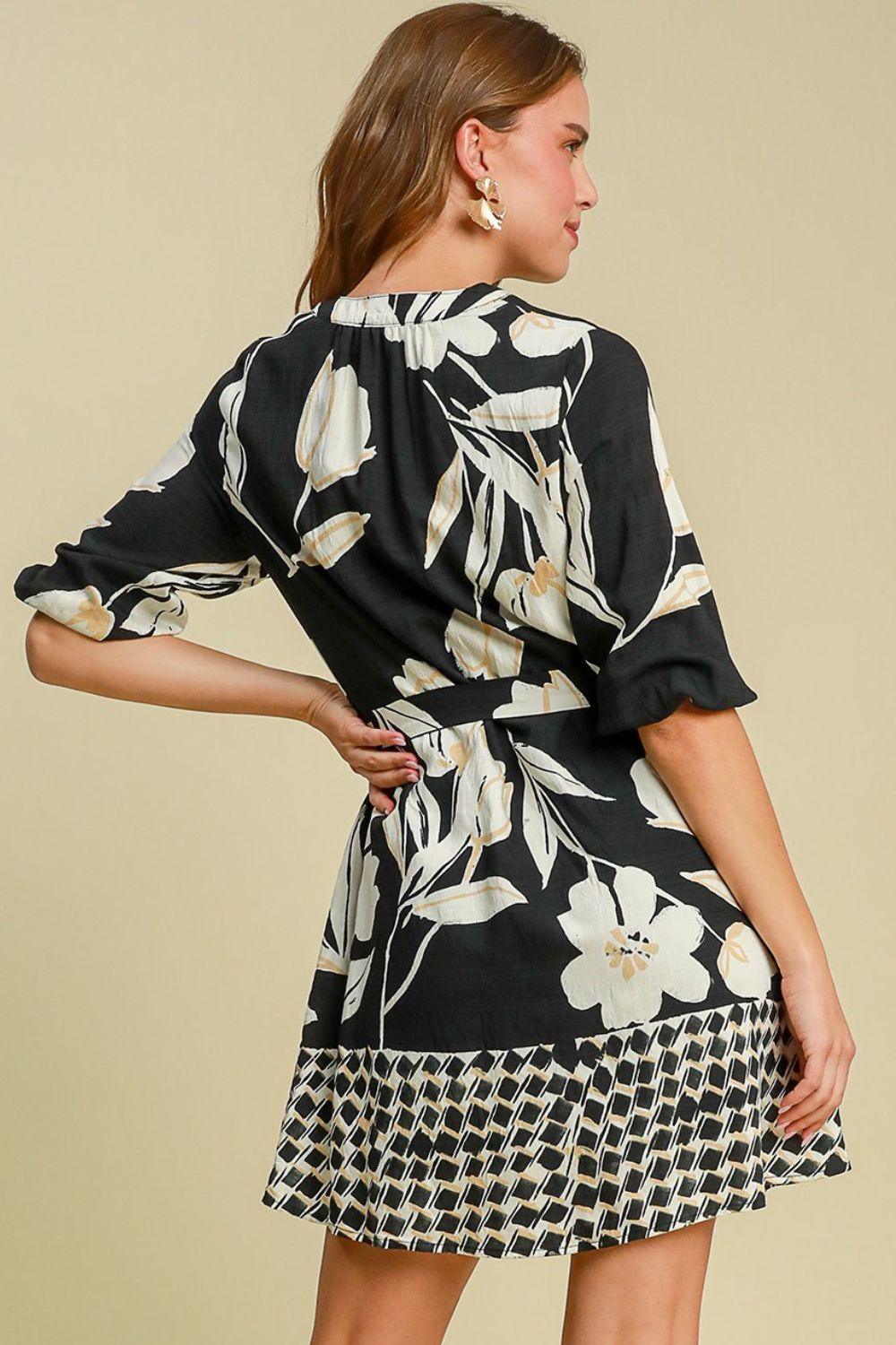 Umgee Full Size Floral Print Notched Tie Waist Mini Dress Plus Size-3