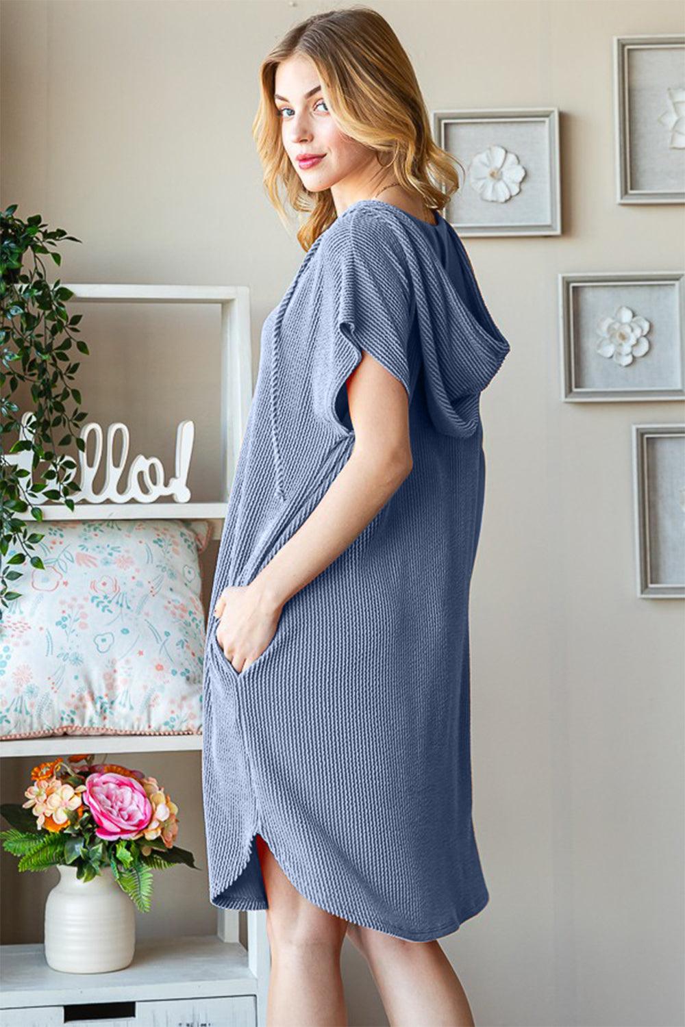 Heimish Full Size Ribbed Short Sleeve Hooded Dress-1