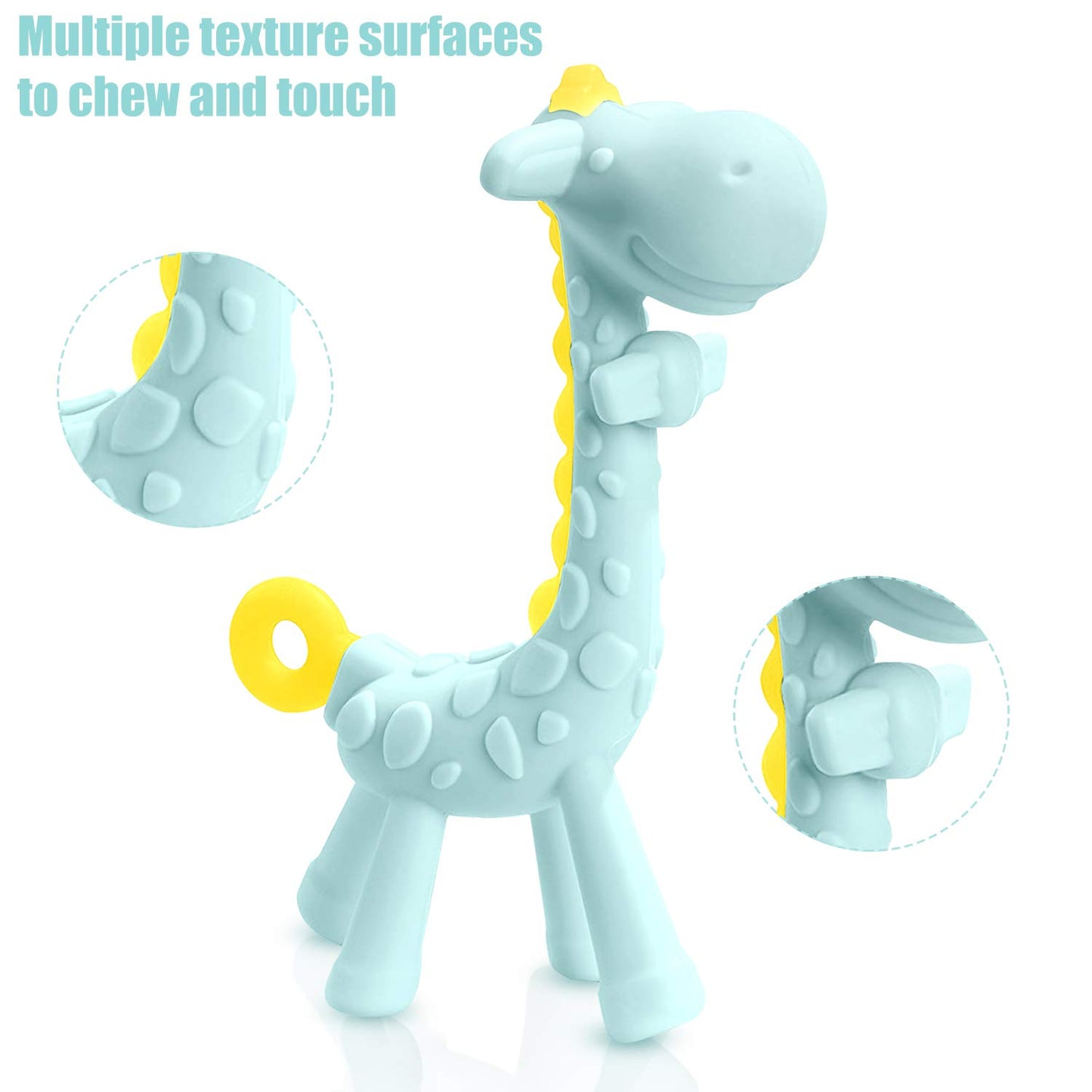 BPA Free Silicone Giraffe Baby Teether Toy with Storage Case, for 3 Months above Infant Sore Gums Pain Relief and Baby Shower, Baby Teething Toys (Blue)