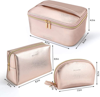 3 Pcs Makeup Bag Portable Travel Cosmetic Bag Large Makeup Bag Organizer with Gold Zipper Waterproof Toiletry Bags for Women and Girls(Rose Gold)