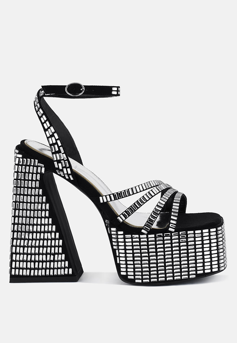 Lustrous Mirror Embellished Flare Block Heel Sandals-5