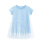 Girl Solid Mesh Pattern Short Sleeve Round Collar Dress In Summer-4