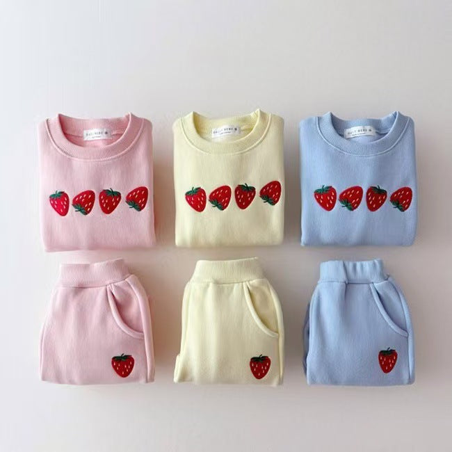 Autumn Baby Kids Unisex Casual Strawberry Embroidered Pattern Long Sleeves Top Pullover and Pants Clothing Set-0