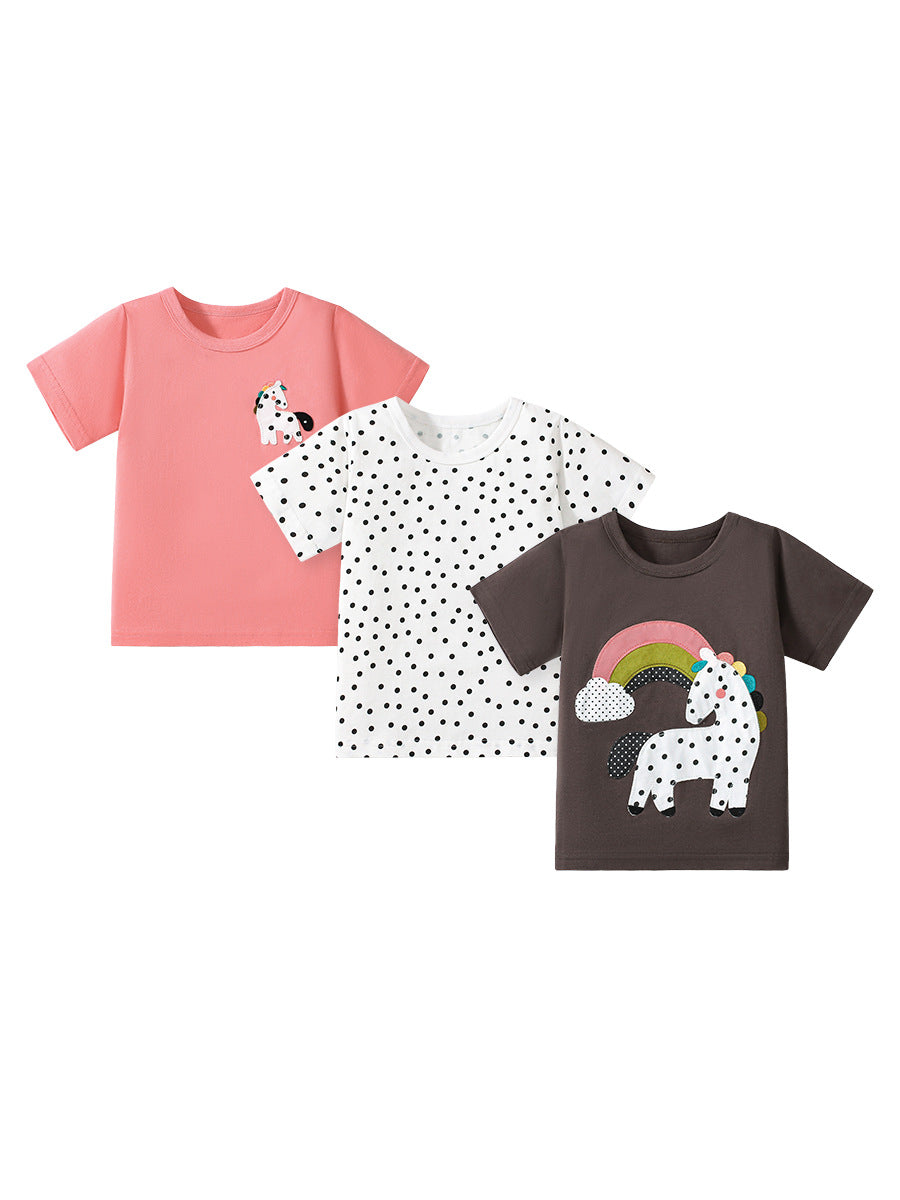 Girls’ Dots Cartoon Pattern Short Sleeves T-shirt in European and American Style for Summer-0