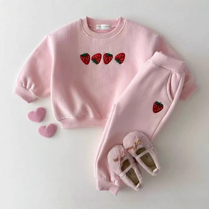 Autumn Baby Kids Unisex Casual Strawberry Embroidered Pattern Long Sleeves Top Pullover and Pants Clothing Set-1