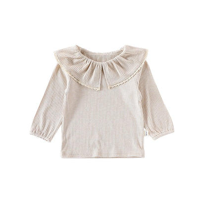 Autumn Arrival Baby Girls Solid Color Lace Trim Collar Long Sleeves Top-1