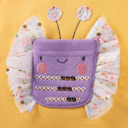 Autumn and Winter Arrival Cartoon Pattern Color Patchwork Long Sleeves Crew Neck Dress for Stylish Girls-4