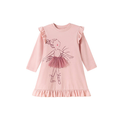 Autumn and Spring Arrival Tulle Decorated Fairy Cartoon Pattern Long Sleeves Dress for Stylish Girls-4