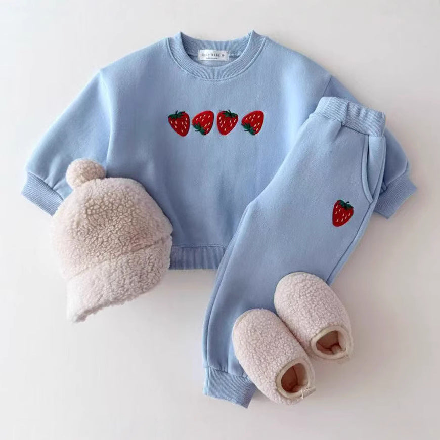 Autumn Baby Kids Unisex Casual Strawberry Embroidered Pattern Long Sleeves Top Pullover and Pants Clothing Set-3