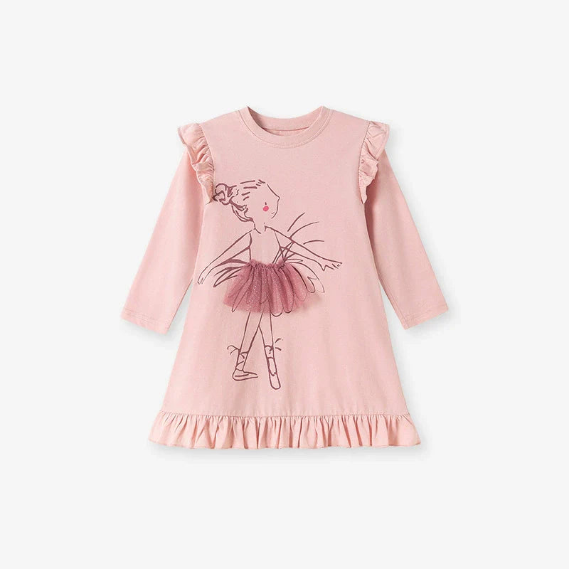 Autumn and Spring Arrival Tulle Decorated Fairy Cartoon Pattern Long Sleeves Dress for Stylish Girls-0